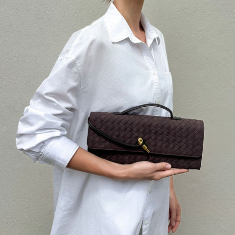 Suede Dark Brown Woven Baguette Bag