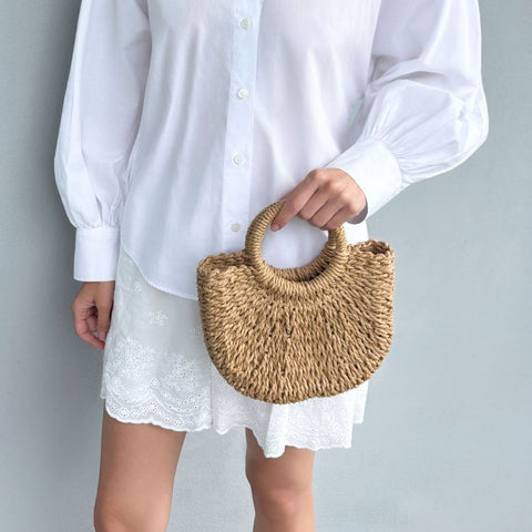 Natural Basket Arc Handle Bag with Shoulder Strap