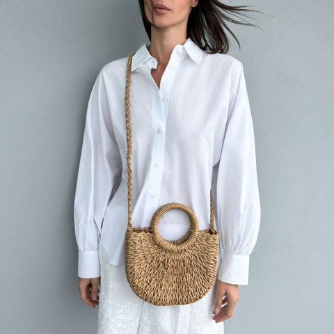 Natural Basket Arc Handle Bag with Shoulder Strap