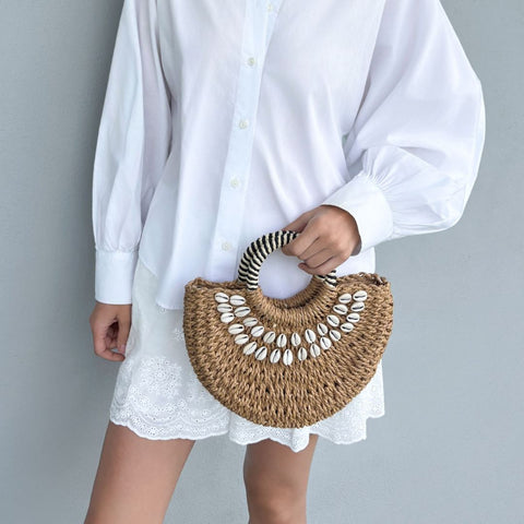 Basket Arc Shell-Embroidered Handle Bag with Shoulder Strap