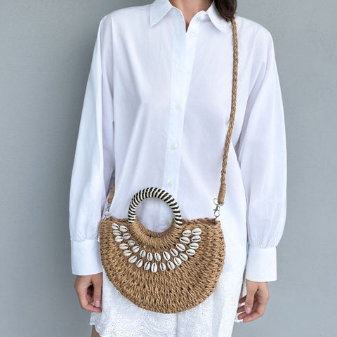 Basket Arc Shell-Embroidered Handle Bag with Shoulder Strap