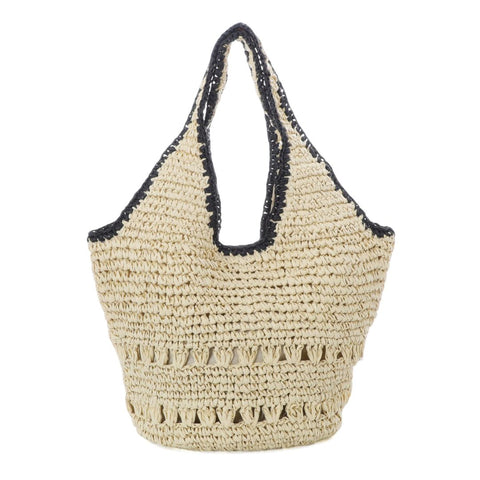 White Raffia Oversized Hobo Shoulder Bag with Black Edging