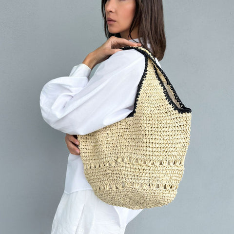White Raffia Oversized Hobo Shoulder Bag with Black Edging