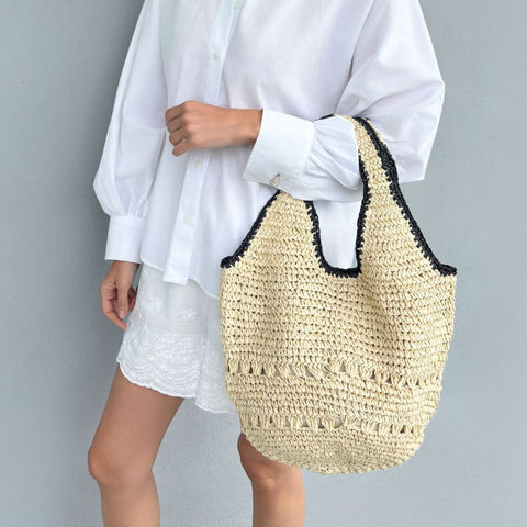 White Raffia Oversized Hobo Shoulder Bag with Black Edging