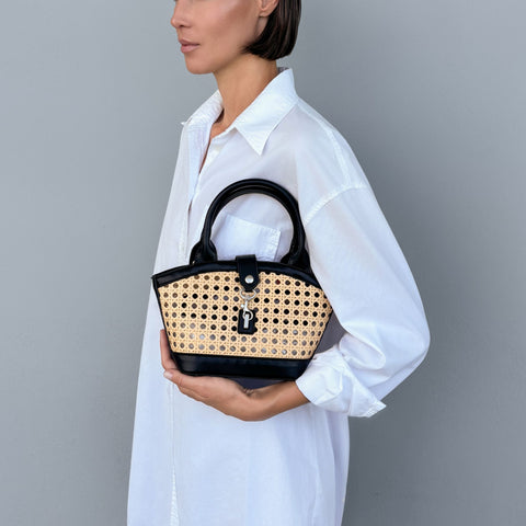 Black Kane Rattan Shoulder Bag with Removable Strap