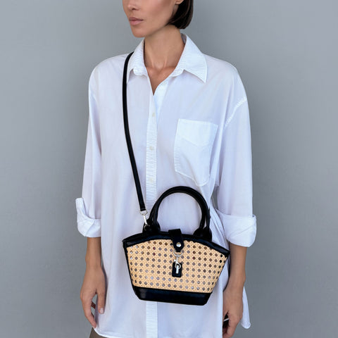 Black Kane Rattan Shoulder Bag with Removable Strap
