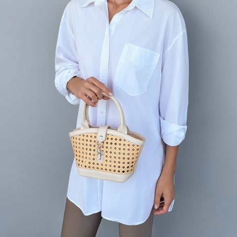 White Kane Rattan Shoulder Bag with Removable Strap