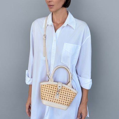 White Kane Rattan Shoulder Bag with Removable Strap