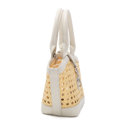 White Kane Rattan Shoulder Bag with Removable Strap