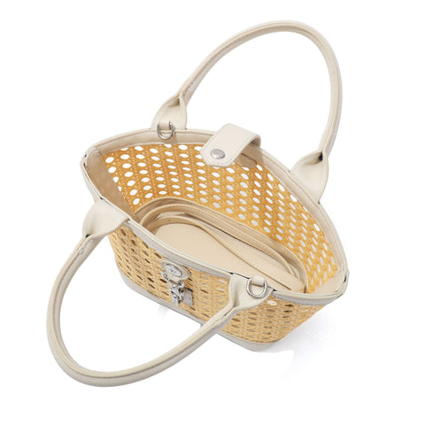 White Kane Rattan Shoulder Bag with Removable Strap