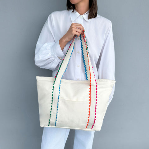 White Canvas Tote Bag with Rainbow Edges