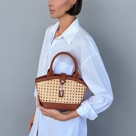 Brown Kane Rattan Shoulder Bag with Removable Strap