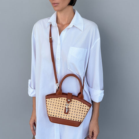 Brown Kane Rattan Shoulder Bag with Removable Strap