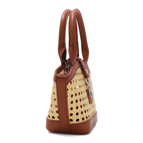 Brown Kane Rattan Shoulder Bag with Removable Strap