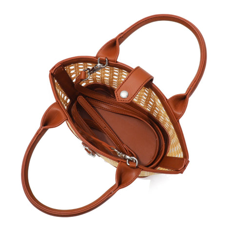 Brown Kane Rattan Shoulder Bag with Removable Strap