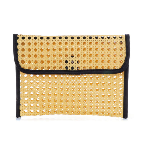 Black Edge Rattan Bamboo Clutch with Removable Strap
