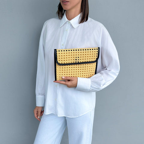 Black Edge Rattan Bamboo Clutch with Removable Strap