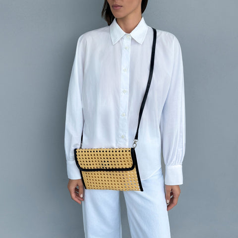 Black Edge Rattan Bamboo Clutch with Removable Strap