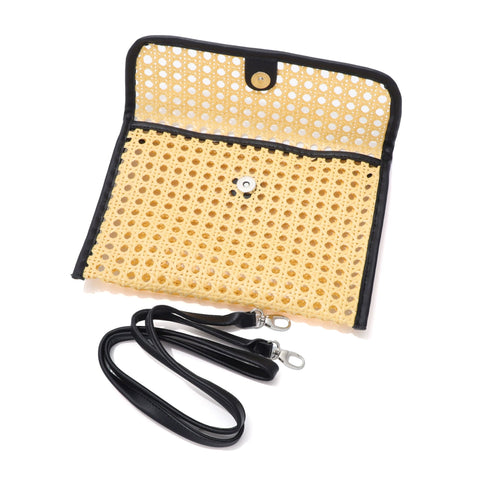 Black Edge Rattan Bamboo Clutch with Removable Strap