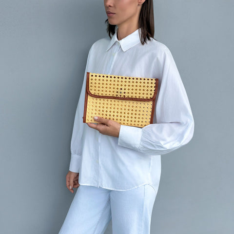 Rust Brown Edge Rattan Bamboo Clutch with Removable Strap