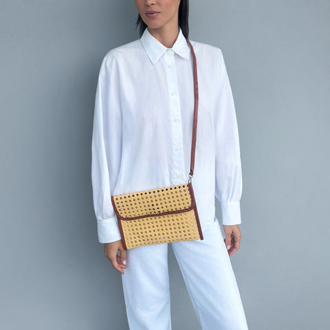 Rust Brown Edge Rattan Bamboo Clutch with Removable Strap