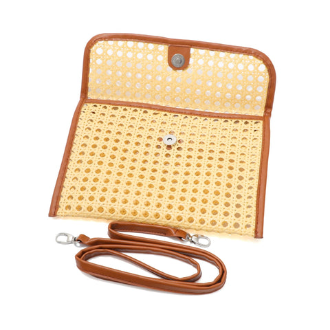 Rust Brown Edge Rattan Bamboo Clutch with Removable Strap