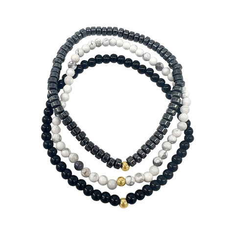 Men's Triple Stretch Bead Bracelet Set white, black, silver