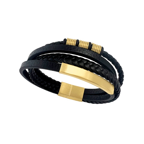 Magnetic Clasp Multistrand Leather Black Bracelet gold