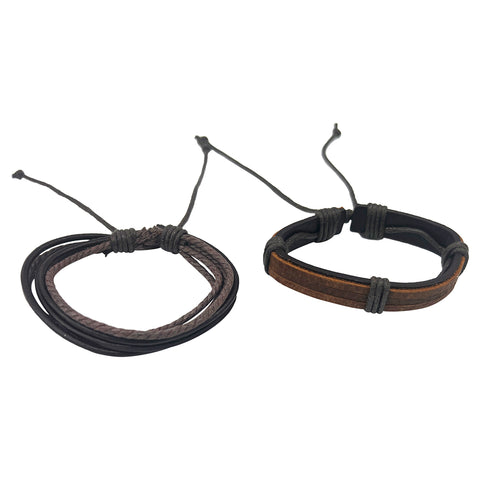 Adjustable Set of Brown Leather Multistrand Bracelets