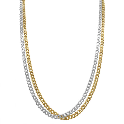 Men's Tarnish Resistant 14k Gold Plated and White Rhodium Plated Curb Chain Set