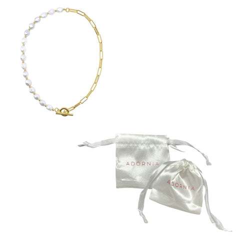 Pearl and Paper Clip Chain Toggle Necklace gold