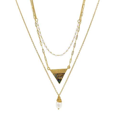 Triangle and Freshwater Pearl Pendant Layered Necklace gold