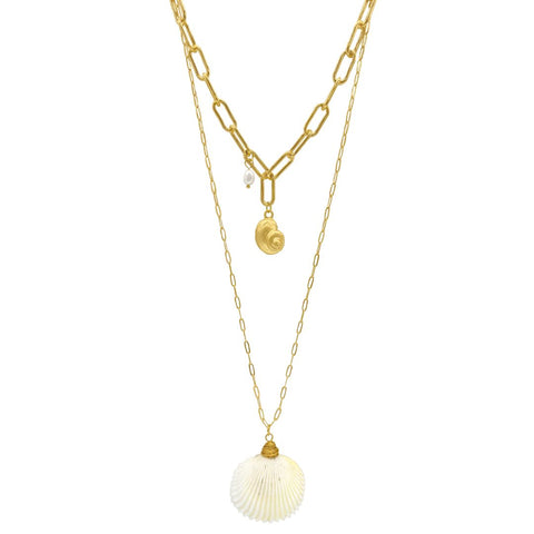 Sea Shell and Freshwater Pearl Pendant Layered Necklace