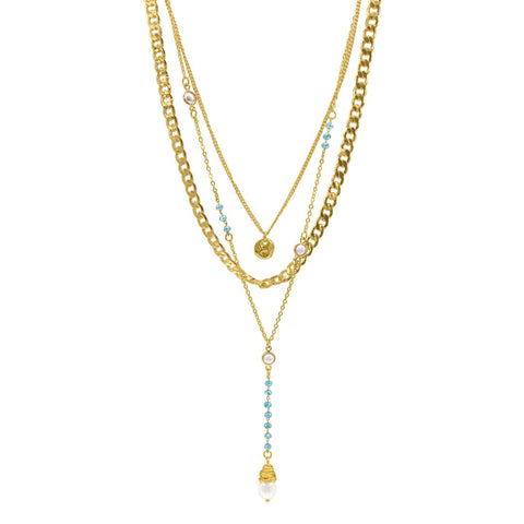 14k Gold Plated Freshwater Pearl and Turquoise Beaded Layered Necklace Set
