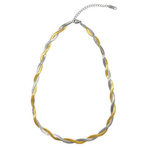 Tarnish Resistant 14k Gold Plated Interlaced Gold and Silver Herringbone Chain Necklace