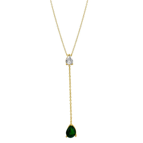 Pear shaped Crystal and Green Stone Y Necklace