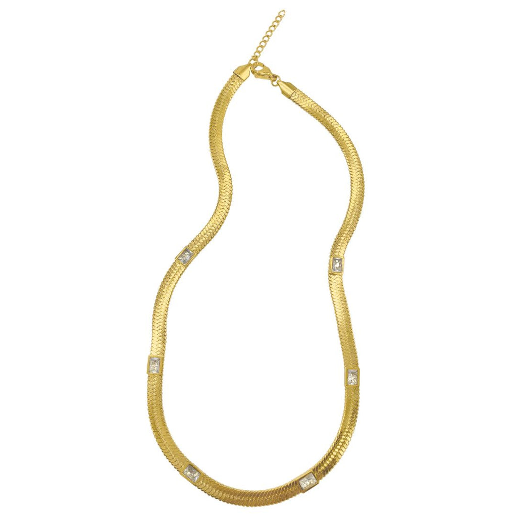 Baguette Crystal Herringbone Chain Necklace gold