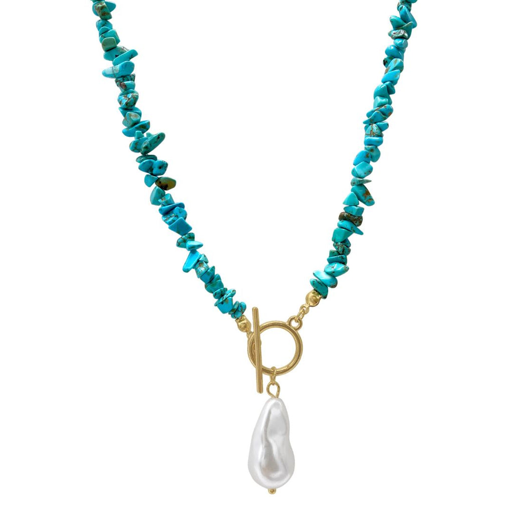 Multi Shape Turquoise Stone Toggle Necklace gold with Pearl Pendant