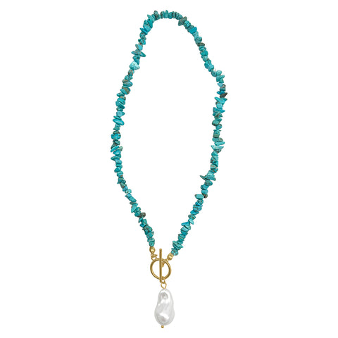 Multi Shape Turquoise Stone Toggle Necklace gold with Pearl Pendant