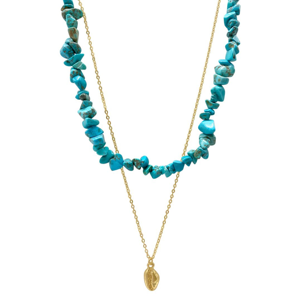 Multi Shape Turquoise Stone Shell Pendant Layered Necklace gold