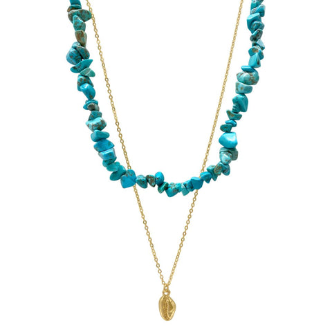 14k Gold Plated Multi Shape Turquoise Stone Shell Pendant Layered Necklace Set