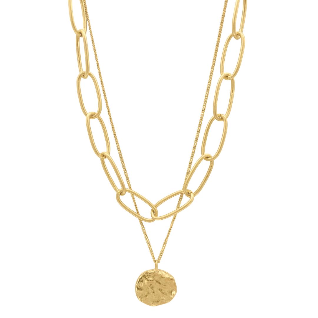 Gold-Plated Layered Chain Lock Pendant Necklace