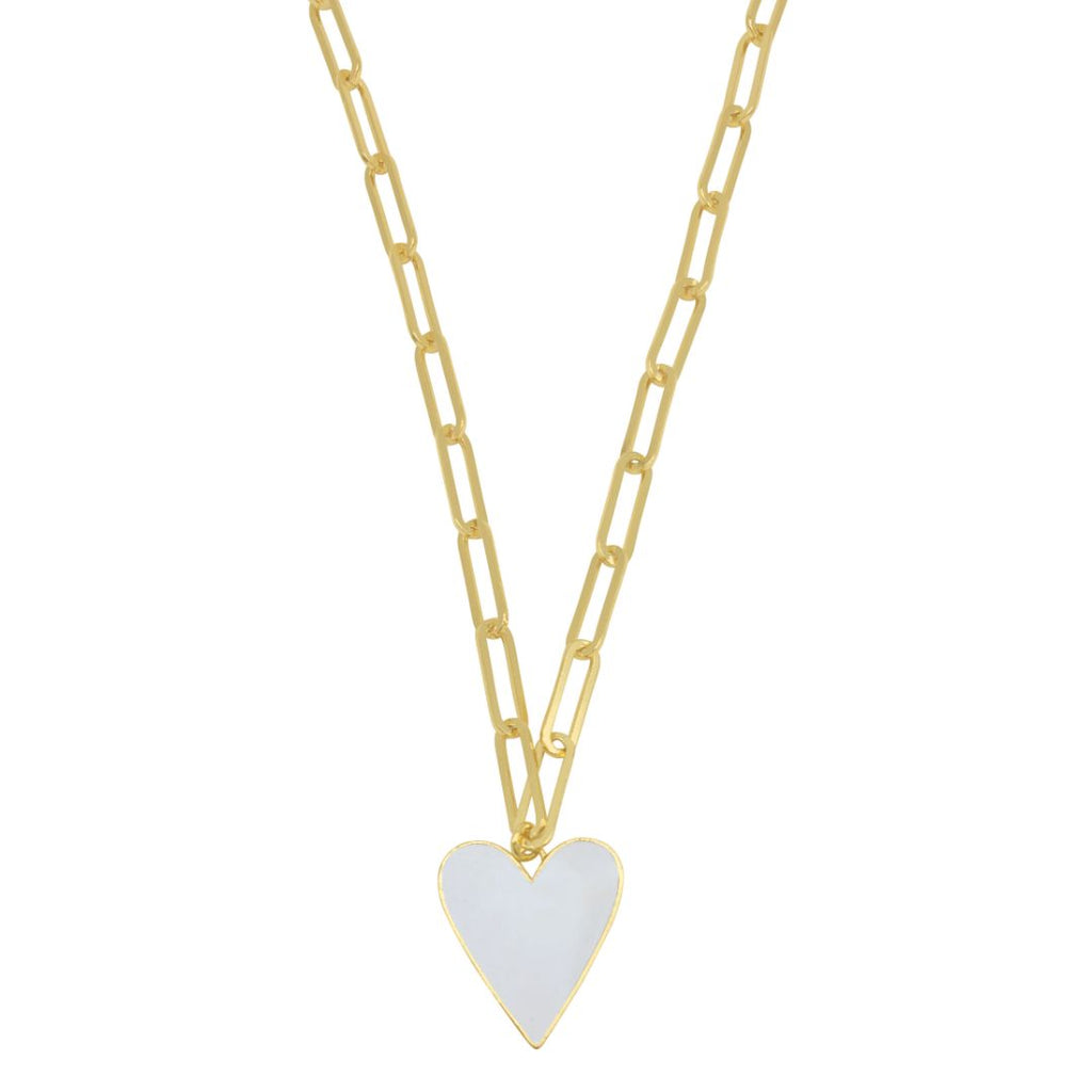 White Enamel Heart Paper Clip Chain Necklace gold