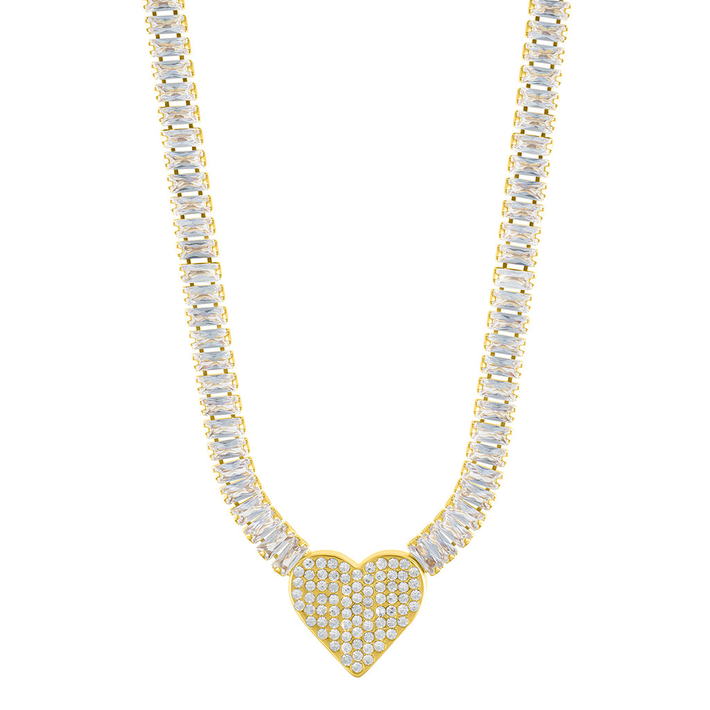 Baguette Tennis Necklace with Pave Heart Pendant gold