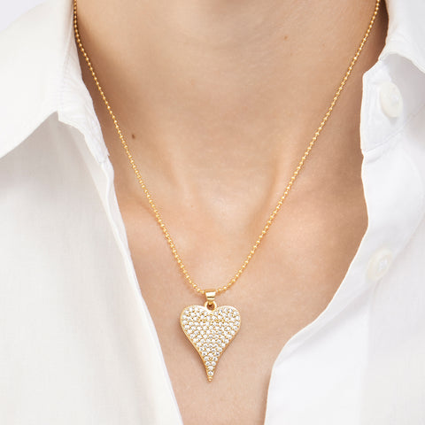 Crystal Pointy Heart on Ball Chain Necklace gold