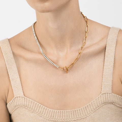 Half Chain and Half Crystal Chain Toggle Necklace