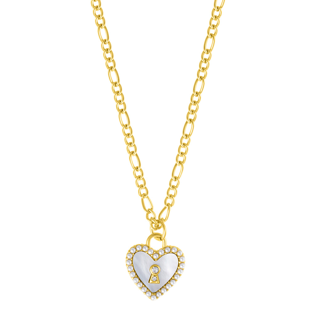Mother of Pearl Heart and Key Necklace gold