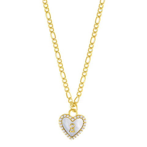 Mother of Pearl Heart and Key Necklace gold