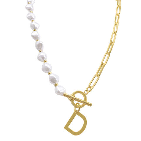 Pearl and Paperclip Chain Initial Toggle Necklace gold