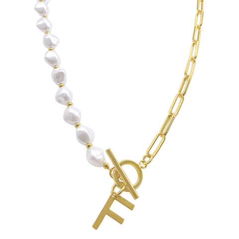Pearl and Paperclip Chain Initial Toggle Necklace gold